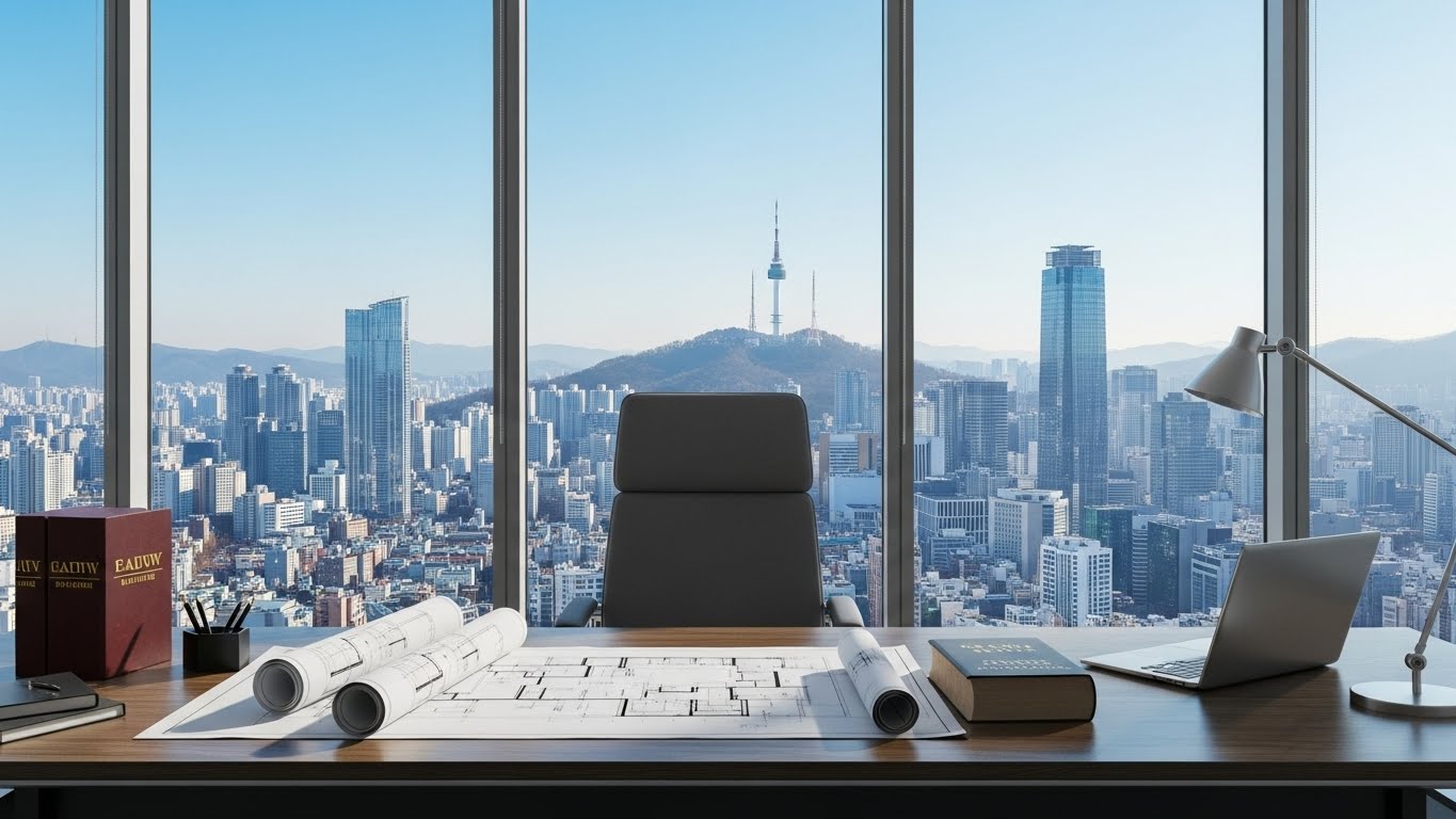 서울 도심 뷰가 보이는 사무실 책상