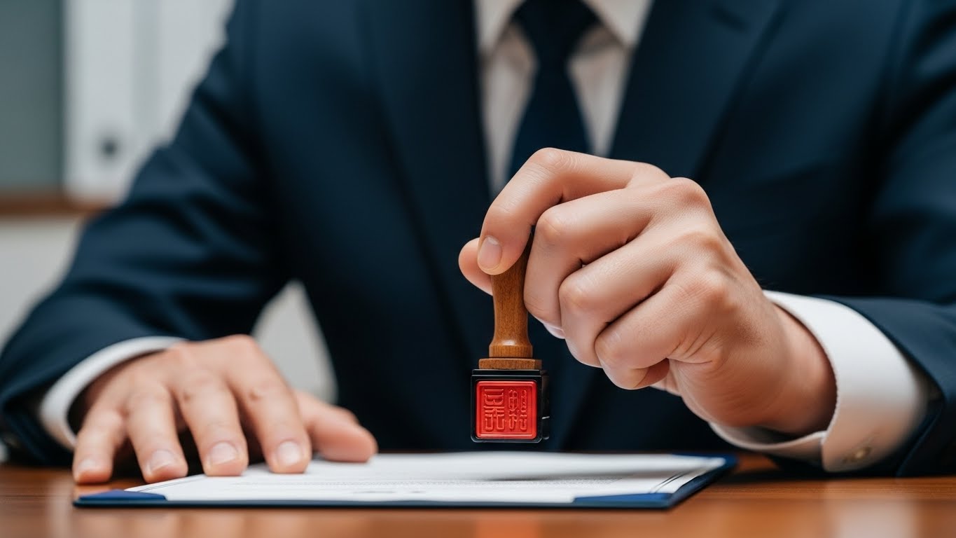 법인 서류에 도장을 찍는 손