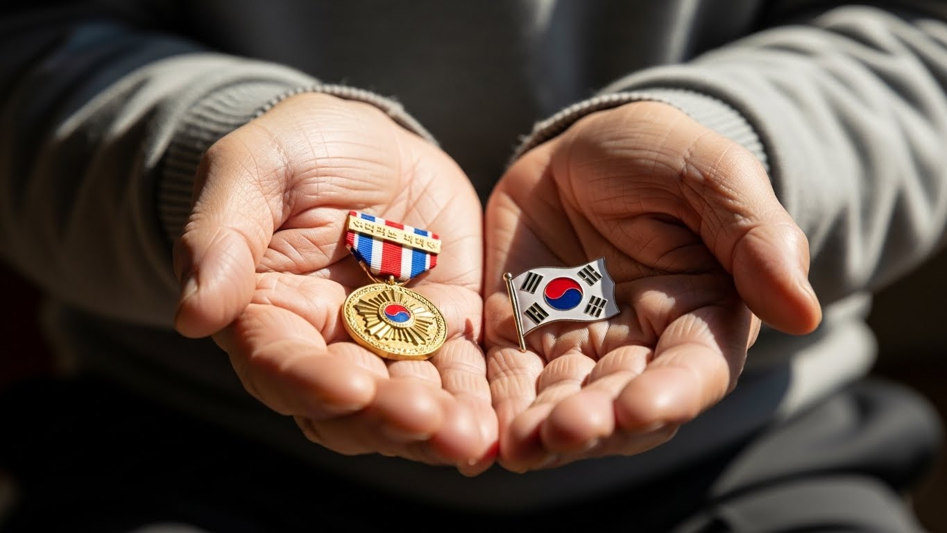 훈장을 소중히 잡고 있는 국가유공자의 손