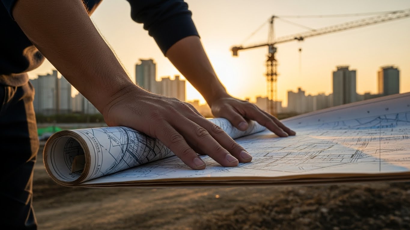 건설 현장 도면을 검토하는 전문가의 손