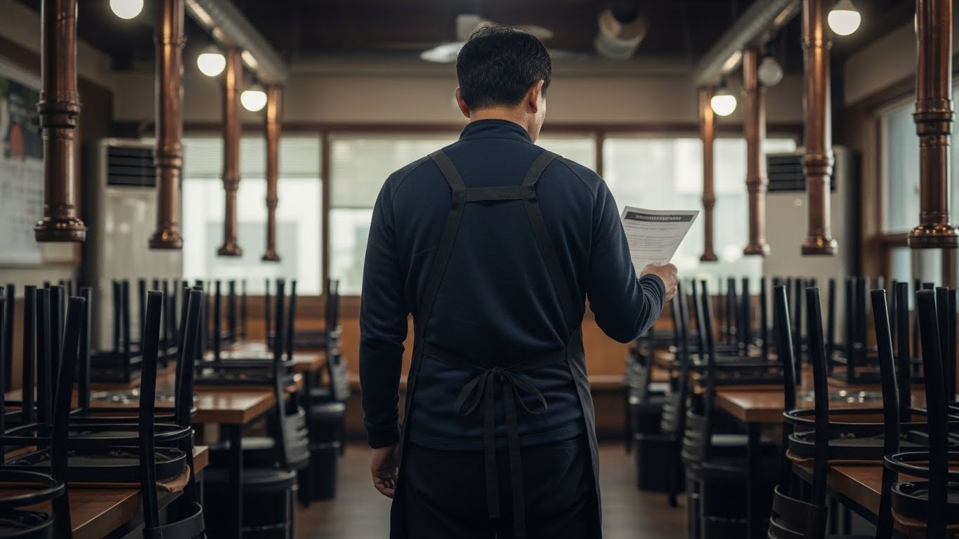 가게에 홀로 서 있는 자영업자의 뒷모습