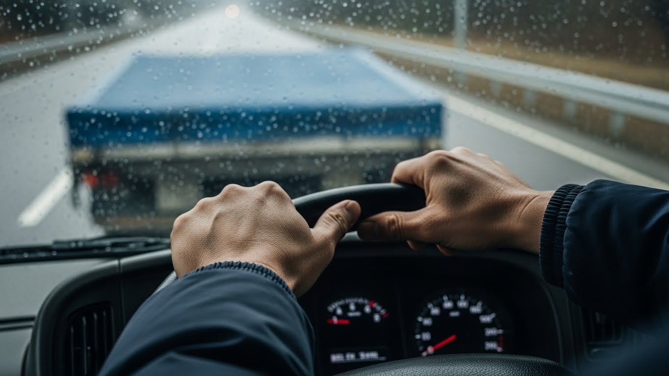 운전대를 잡은 화물 기사의 손