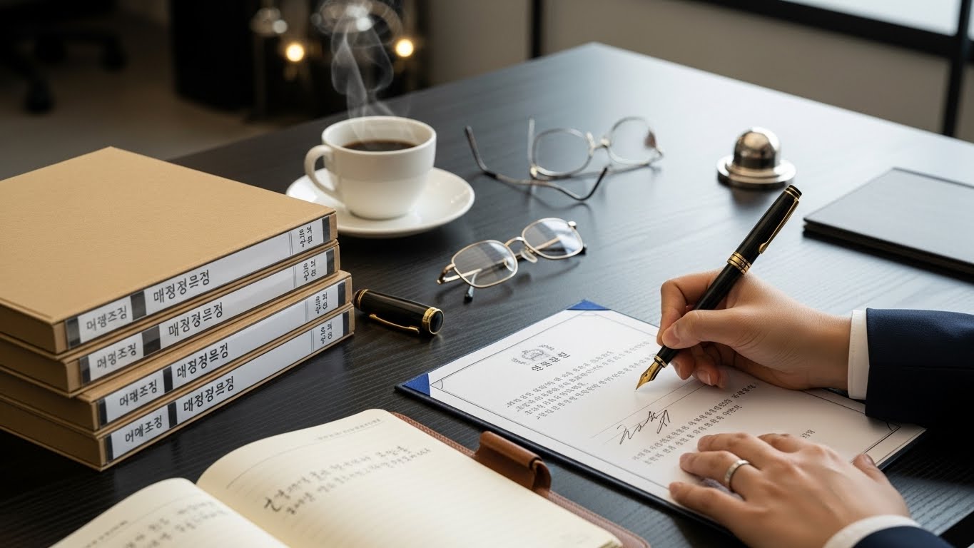 행정 심판 서류를 검토하는 전문가의 책상