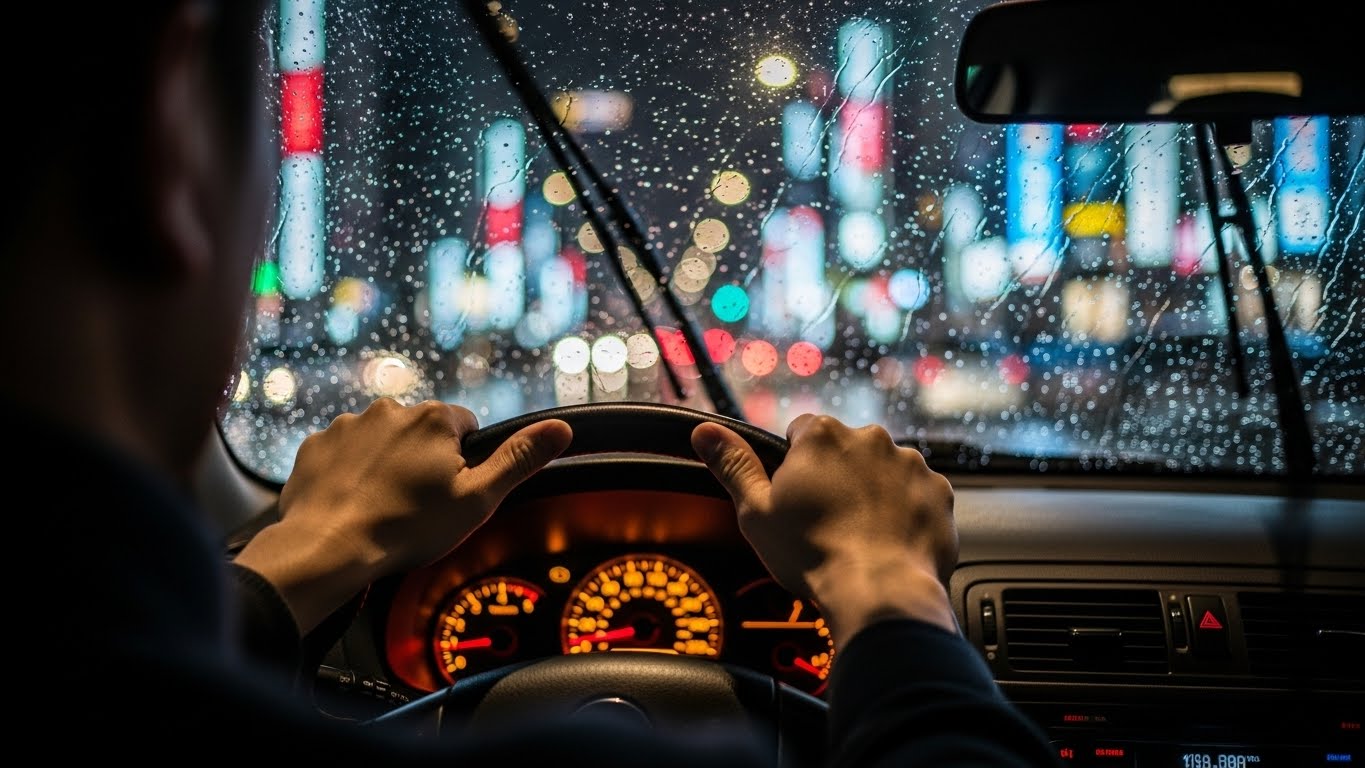 비 오는 밤 운전석 스티어링 휠을 잡은 손