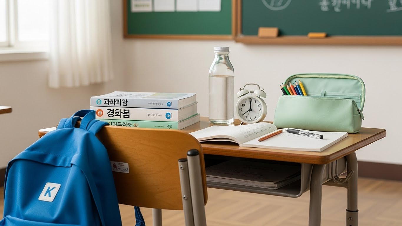 교실 책상과 책가방