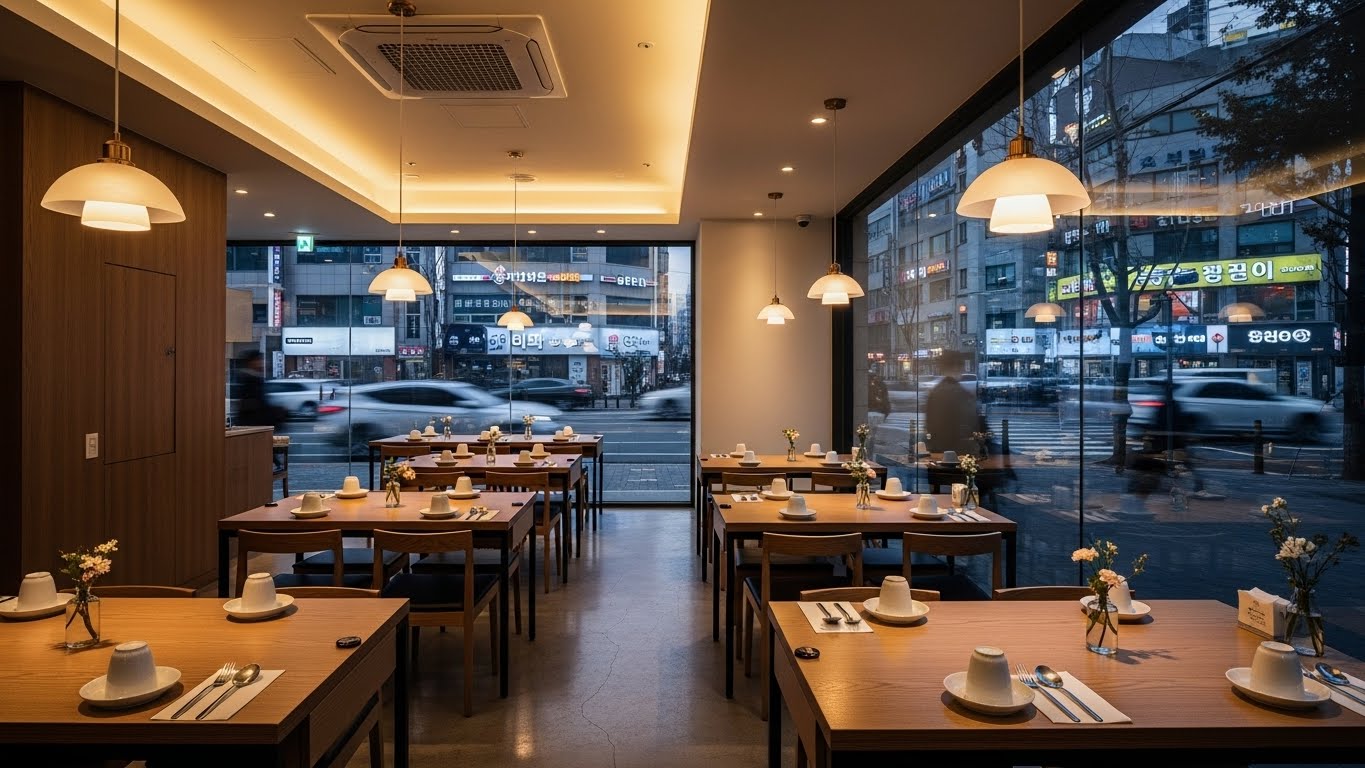 깔끔하지만 비어있는 식당 내부 전경