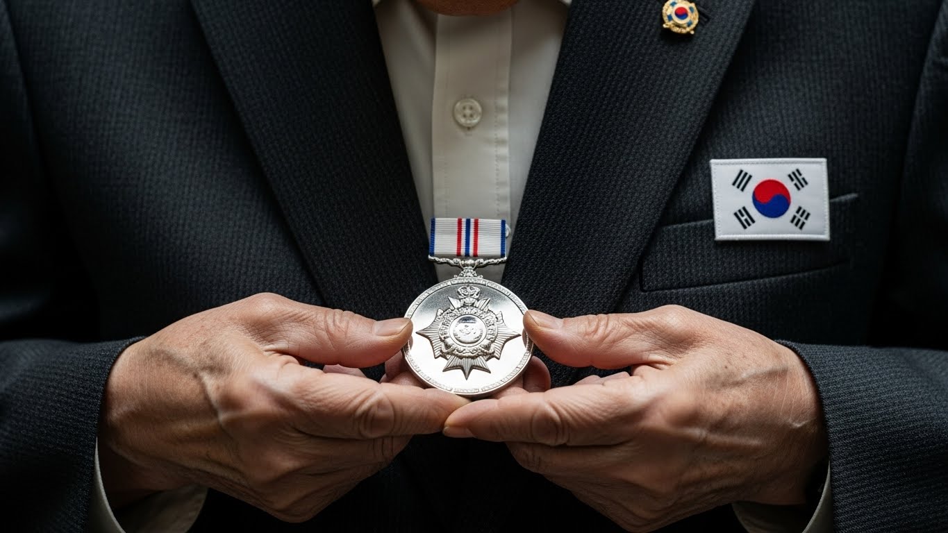 정장 깃의 태극기 뱃지와 훈장을 든 손