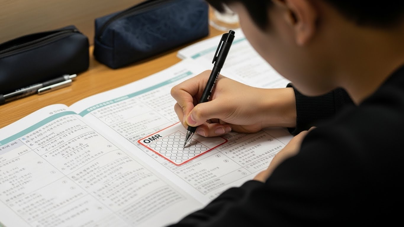 OMR 카드에 마킹하는 학생의 손