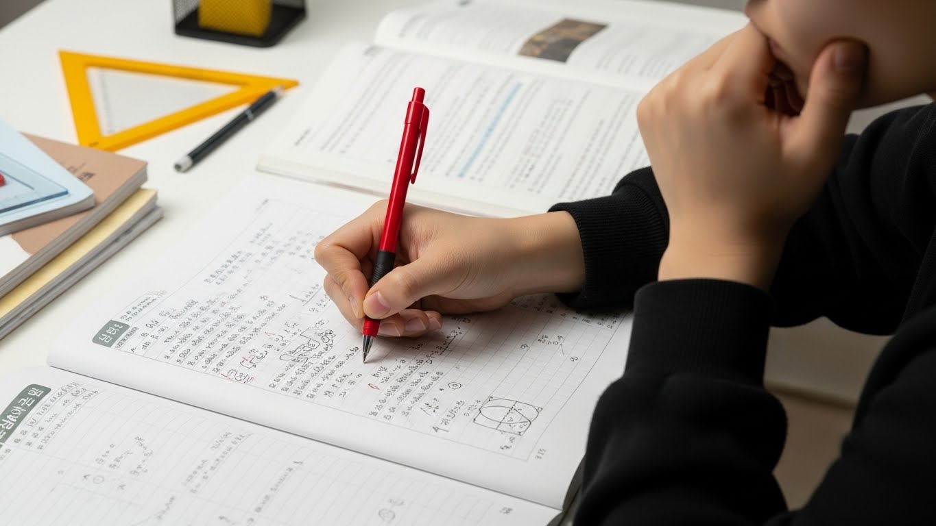 오답노트를 분석하는 학생의 손